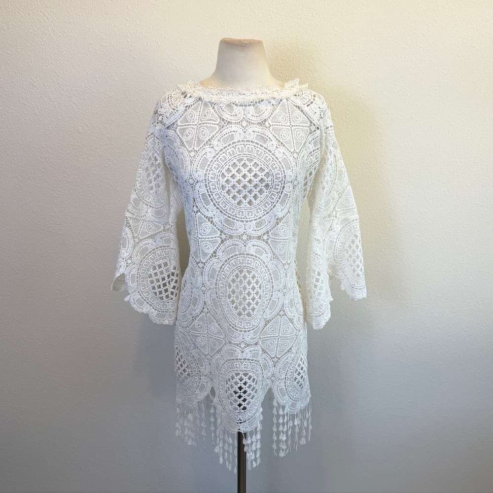 Raffaela D'angelo White Lace Crochet Sheer Mini Dress Womens Small Bell Sleeve